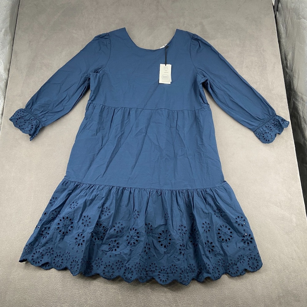 Raven Midi Dress Womens XL Blue Pleated Scallop Schiffli Hem Boat Neck Back Zip